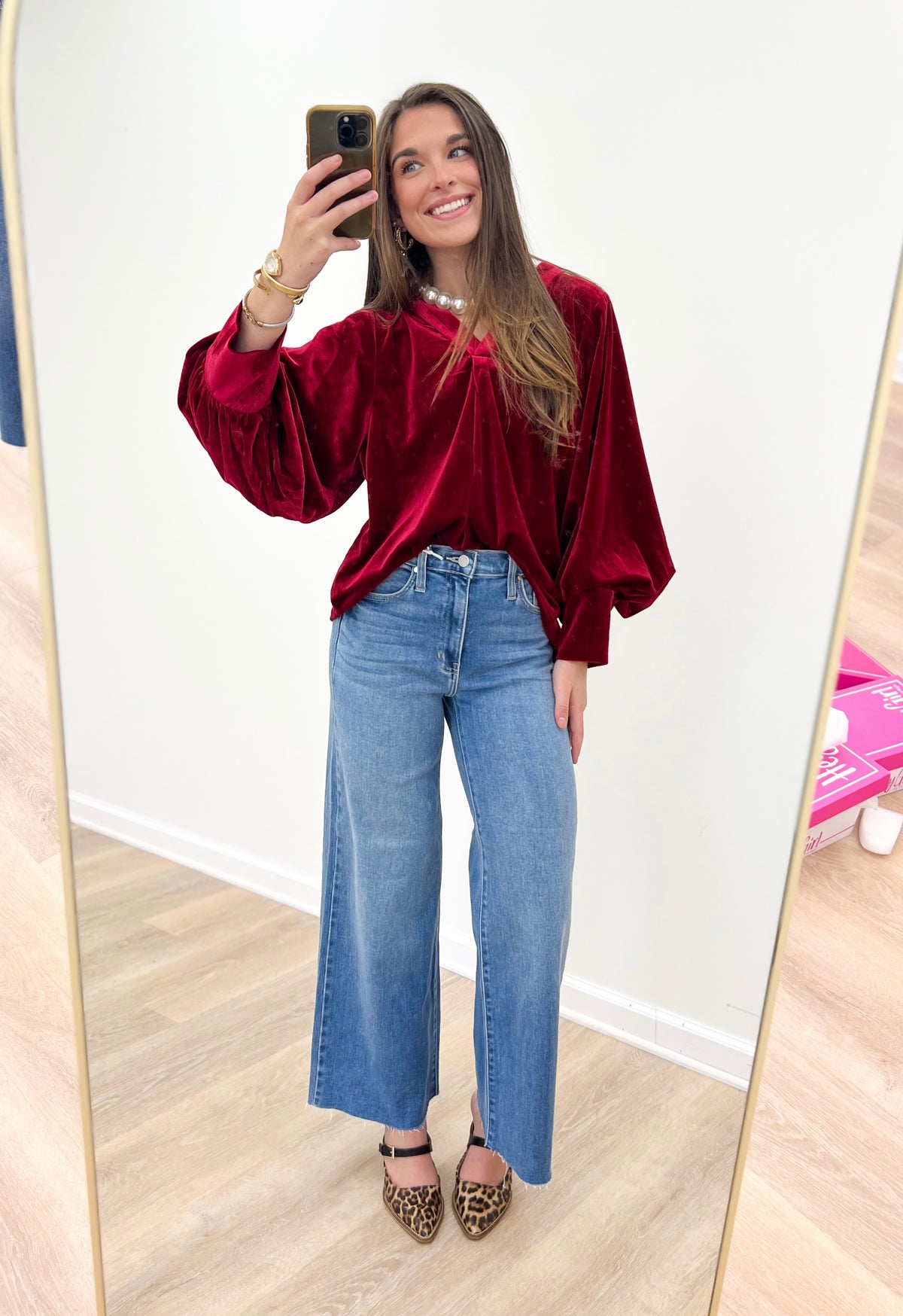 Wine velvet puff-sleeve V-neck pleated top with gathered neckline