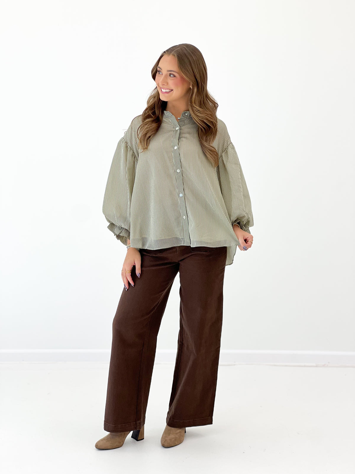 Olive green pinstripe bubble-sleeve blouse with button front and gathered shoulders