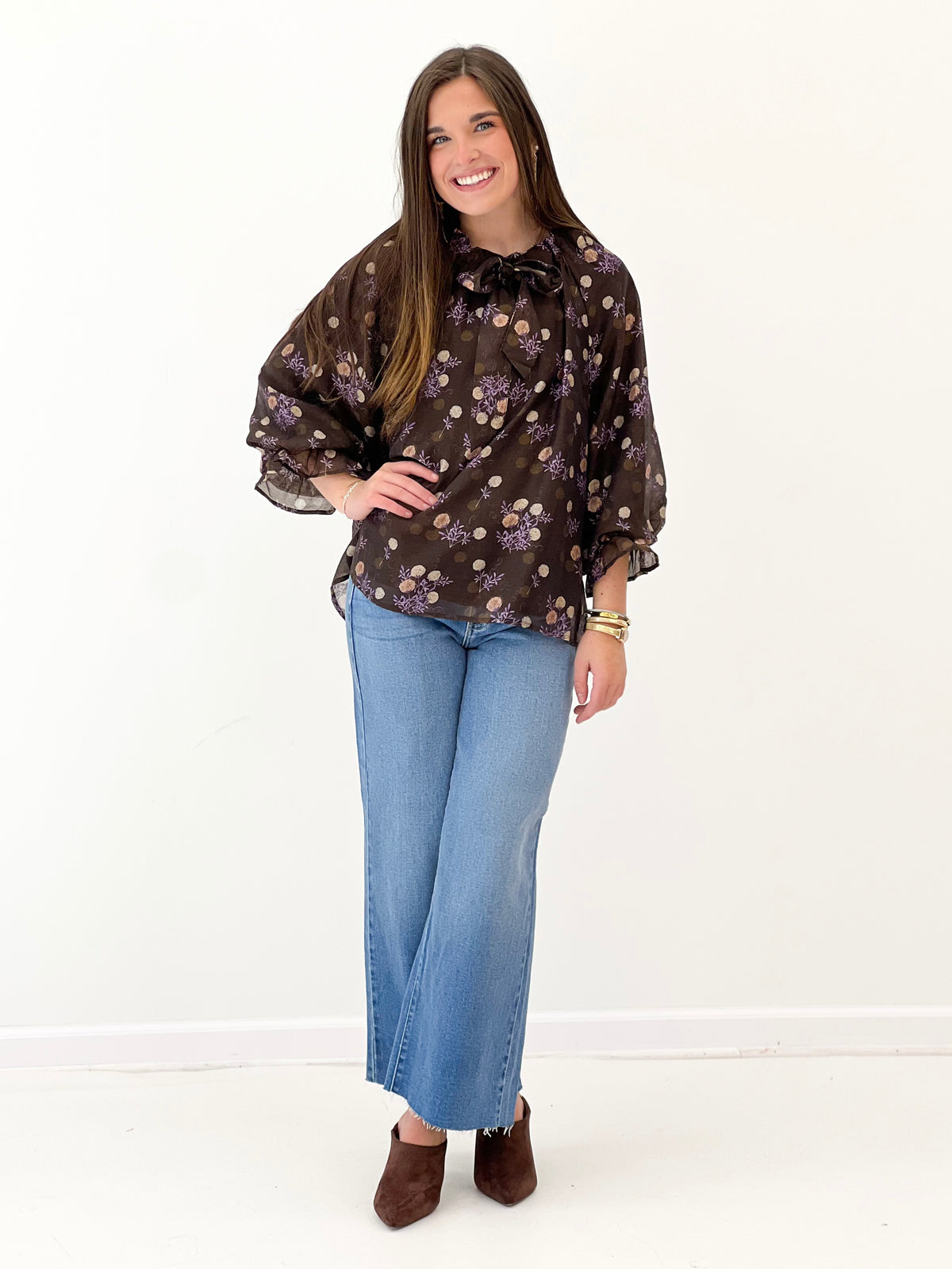 Brown floral poncho-sleeve V-neck top, loose fit, flowing sheer sleeves