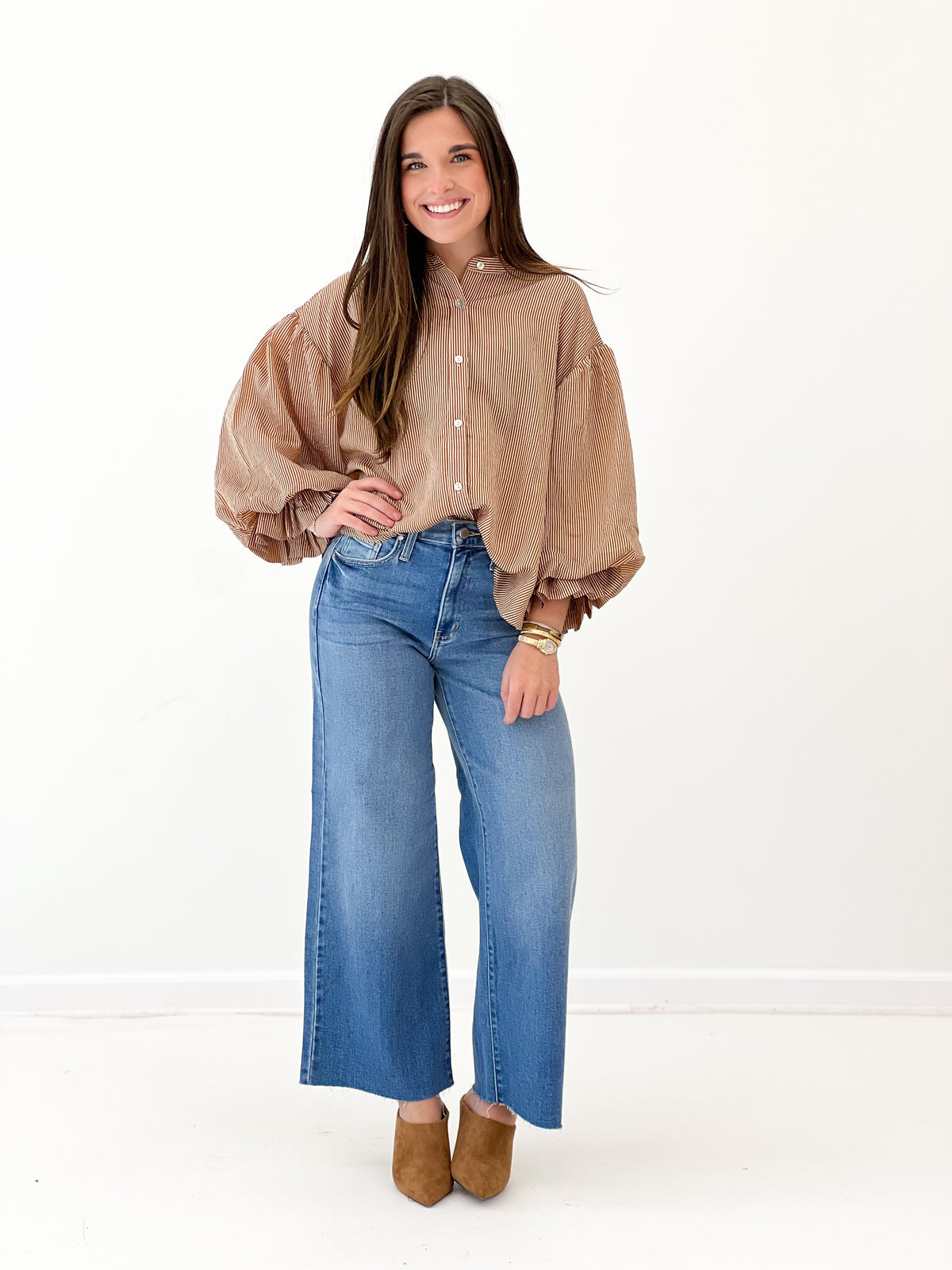 Camel brown pinstripe bubble-sleeve blouse with button front and gathered cuffs