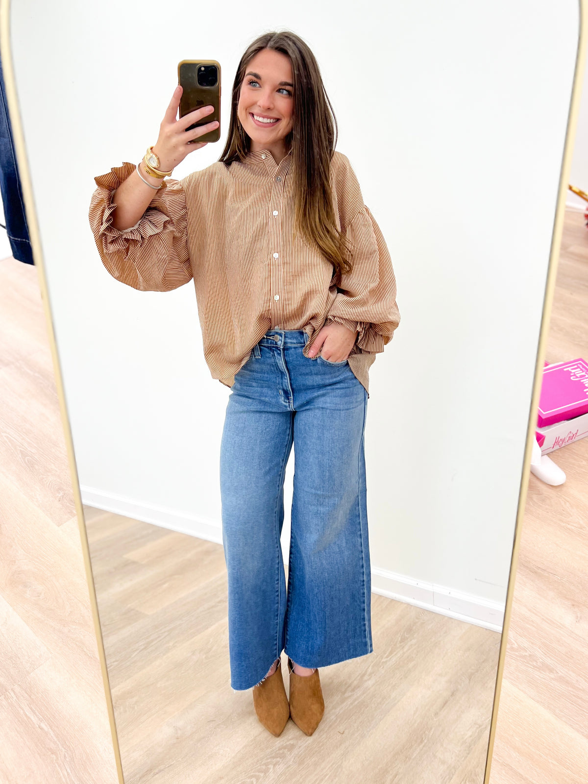 Camel brown pinstripe bubble-sleeve blouse with button front and gathered cuffs