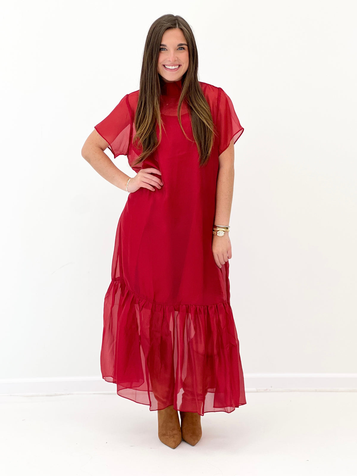 Red chiffon midi dress, back view: short flutter sleeves and layered ruffle hem