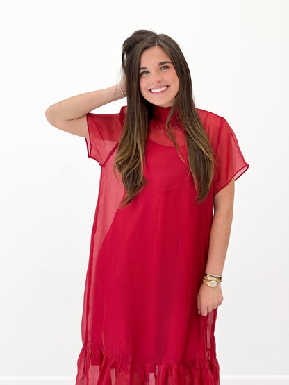 Red chiffon midi dress with high neckline and short flutter sleeves, tiered ruffle hem