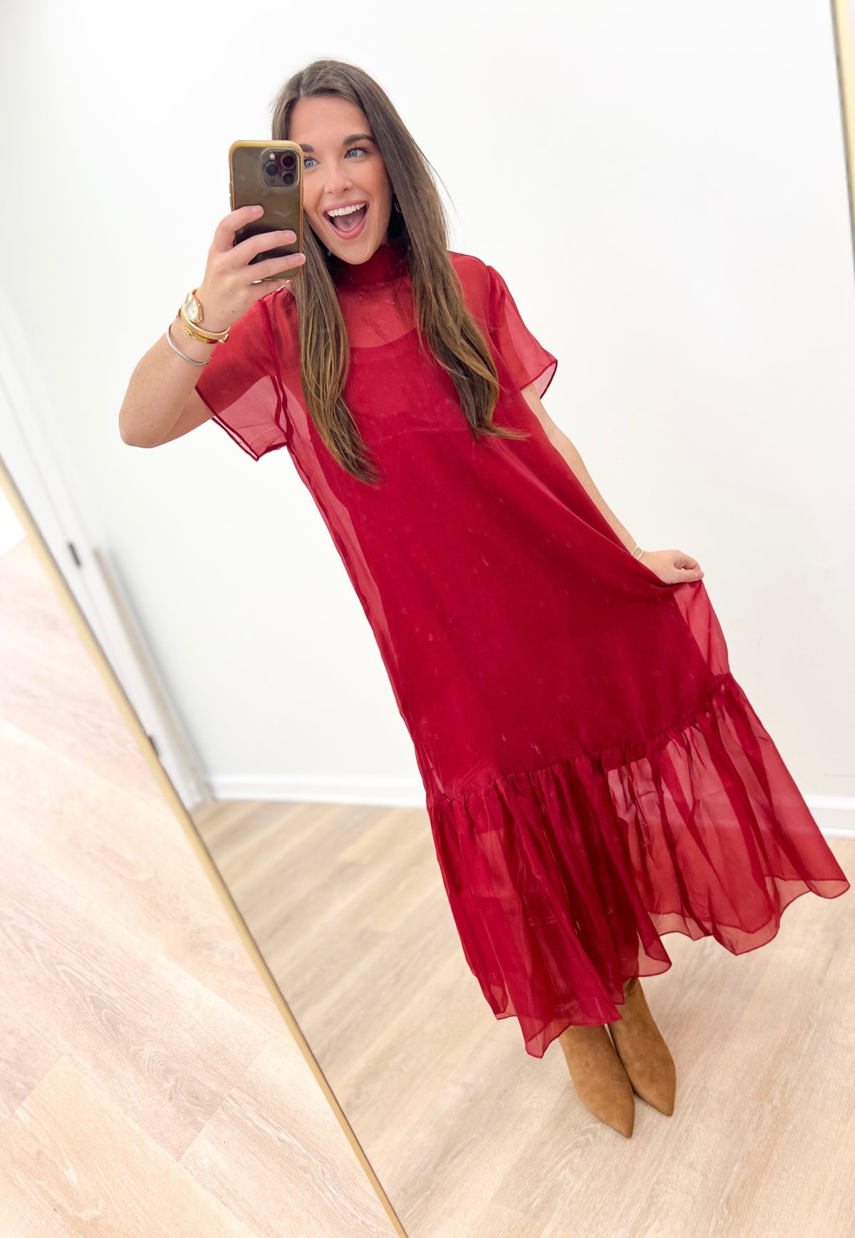 Red chiffon midi dress with high neckline and short flutter sleeves, tiered ruffle hem