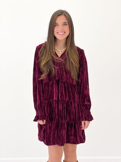 Burgundy velvet tiered long-sleeve mini dress, V-neck, gathered ruffle tiers