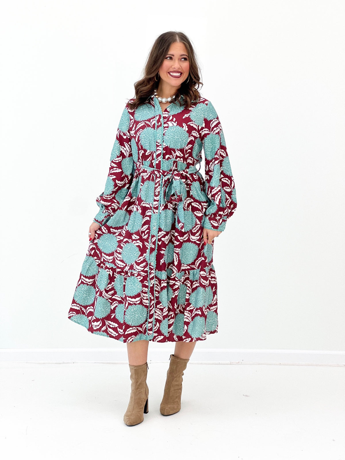 Jodifl Floral Scallop Trim Puff Sleeve Midi Dress | Jodifl
