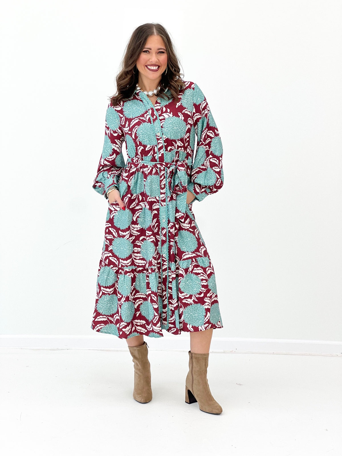 Jodifl Floral Scallop Trim Puff Sleeve Midi Dress | Jodifl