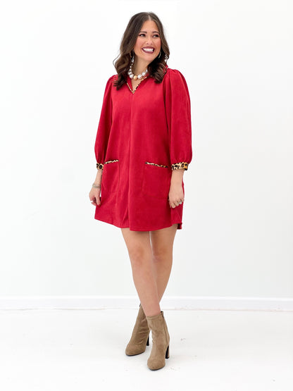Jodifl Faux Suede Leopard Trim Dress | Jodifl