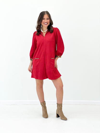 Jodifl Faux Suede Leopard Trim Dress | Jodifl