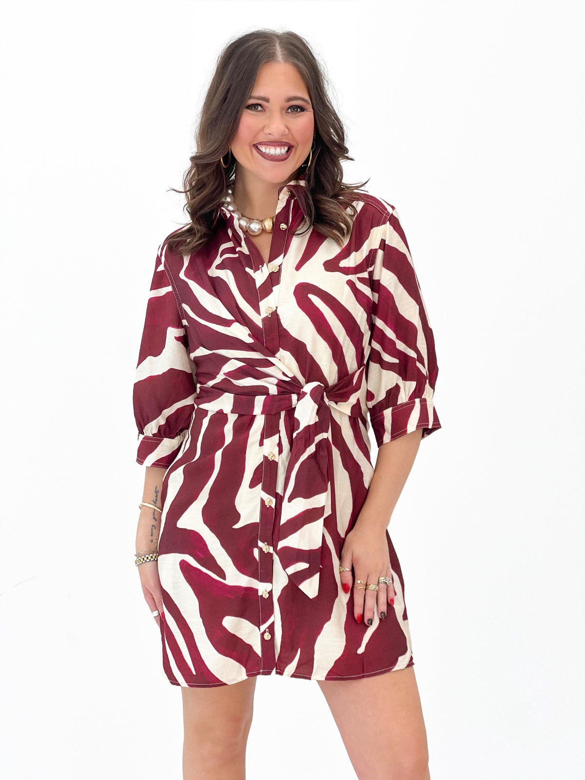Entro Abstract Print Three Quarter Sleeve Self Tie Mini Dress | Entro