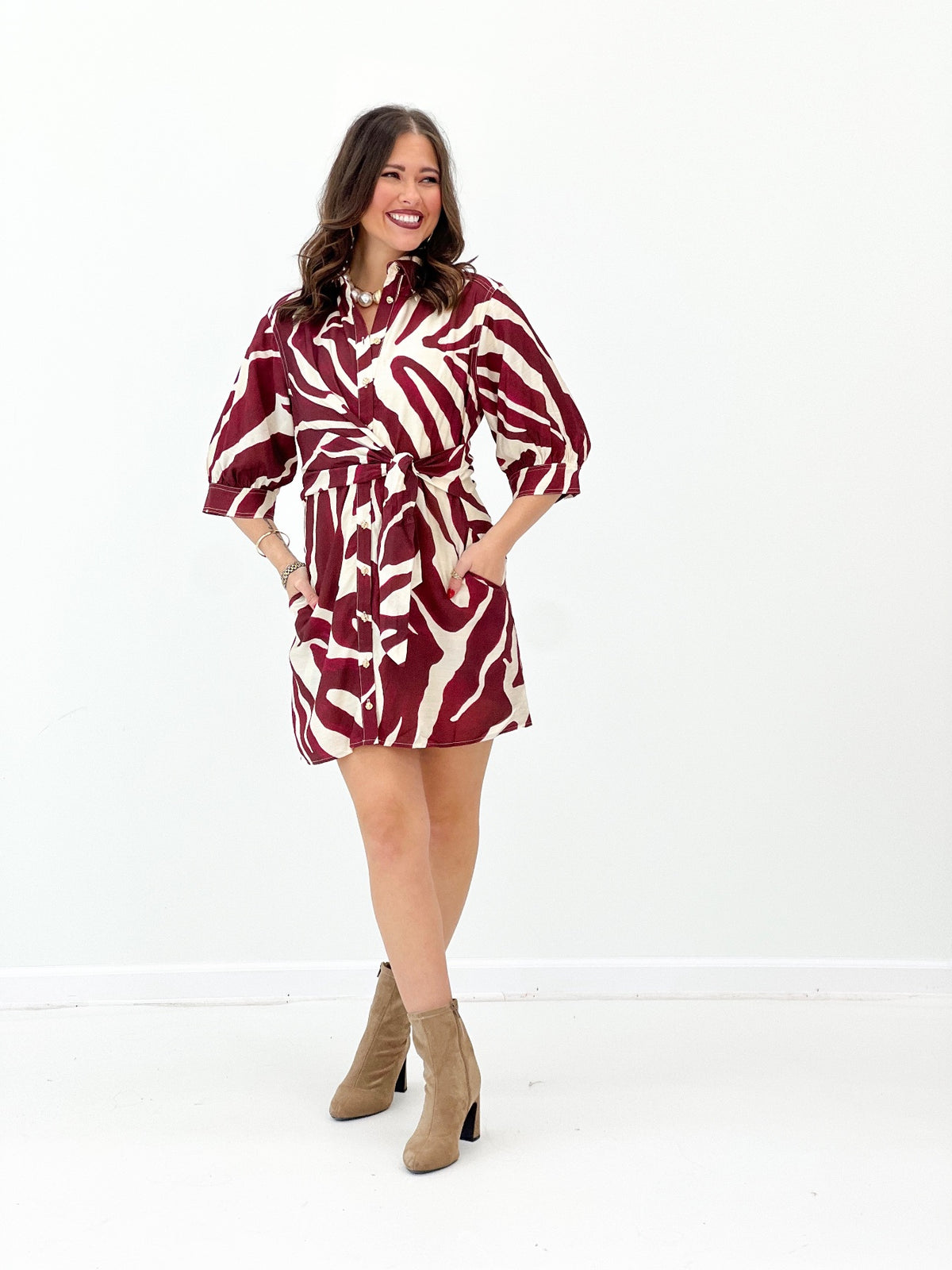 Entro Abstract Print Three Quarter Sleeve Self Tie Mini Dress | Entro