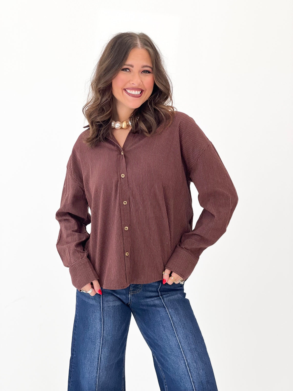 Hem & Thread Pin Stripe Button Down Boyfriend Shirt | Hem & Thread