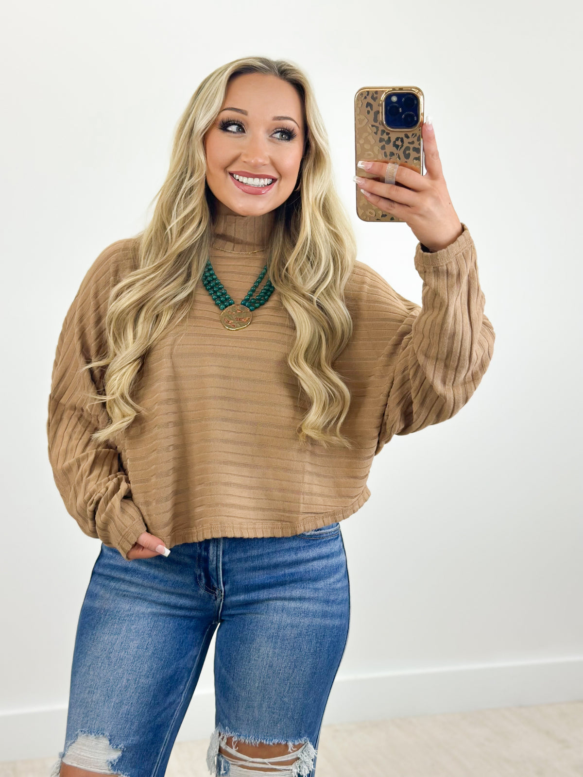 Textured stripe long-sleeve dolman top with ribbed crew neck, taupe/brown