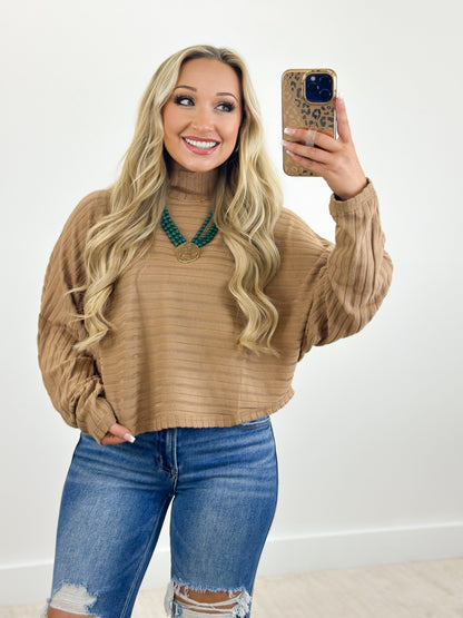 Textured stripe long-sleeve dolman top with ribbed crew neck, taupe/brown