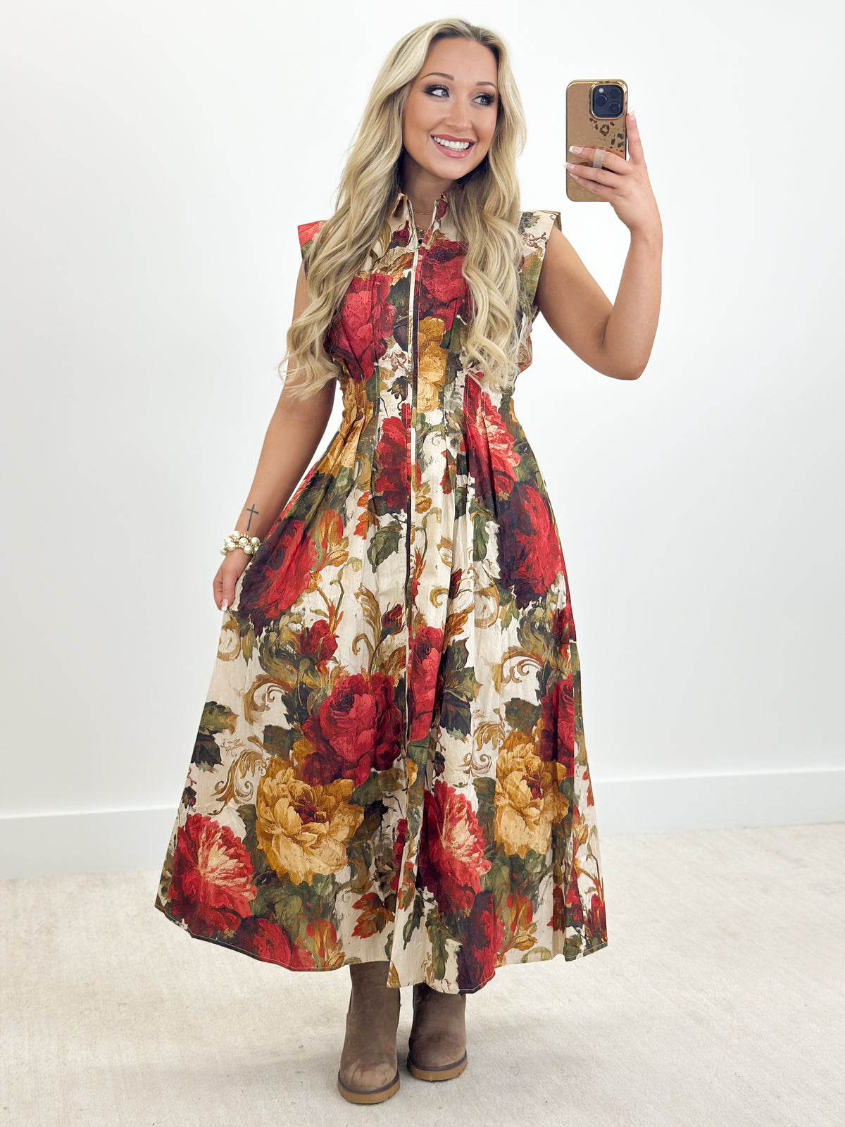 Floral sleeveless front-zip midi dress in multi-color with gathered A-line skirt