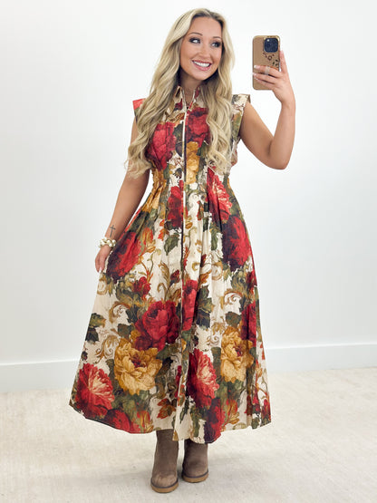 Floral sleeveless front-zip midi dress in multi-color with gathered A-line skirt
