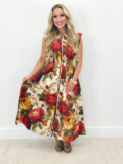 Floral midi dress with sleeveless cut and front zipper, layered skirt, multi-color