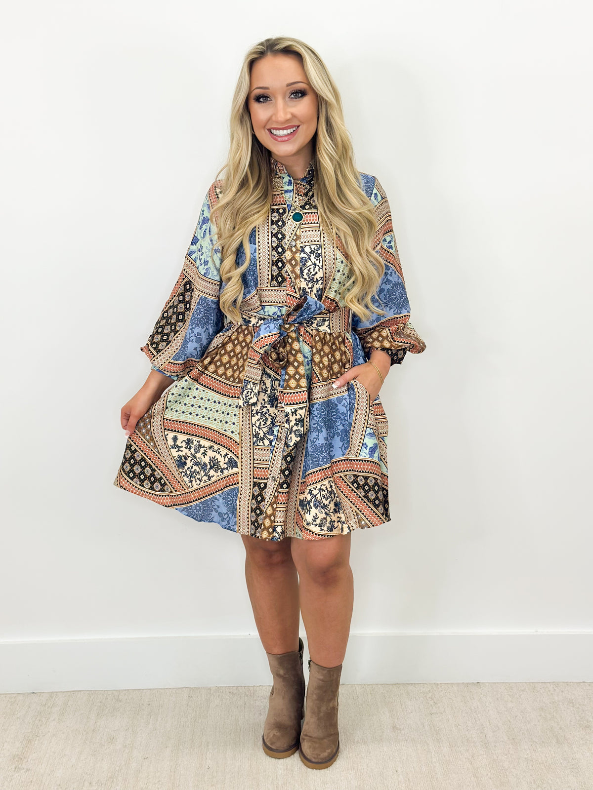 Patchwork print belted mini dress with long sleeves and button placket