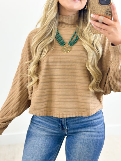 Textured stripe long-sleeve dolman top with ribbed crew neck, taupe/brown