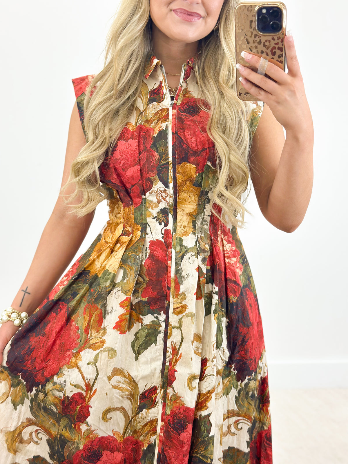 Floral sleeveless midi dress with front zip, multi-color red, gold, cream