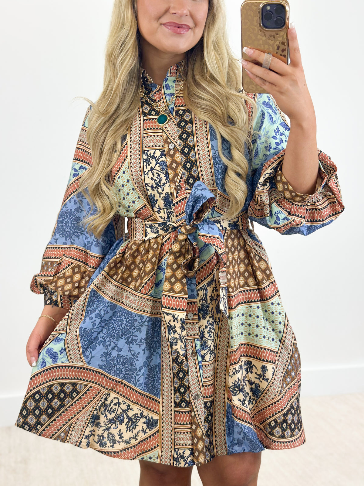 Patchwork print mini dress with tie belt, long sleeves, button-front