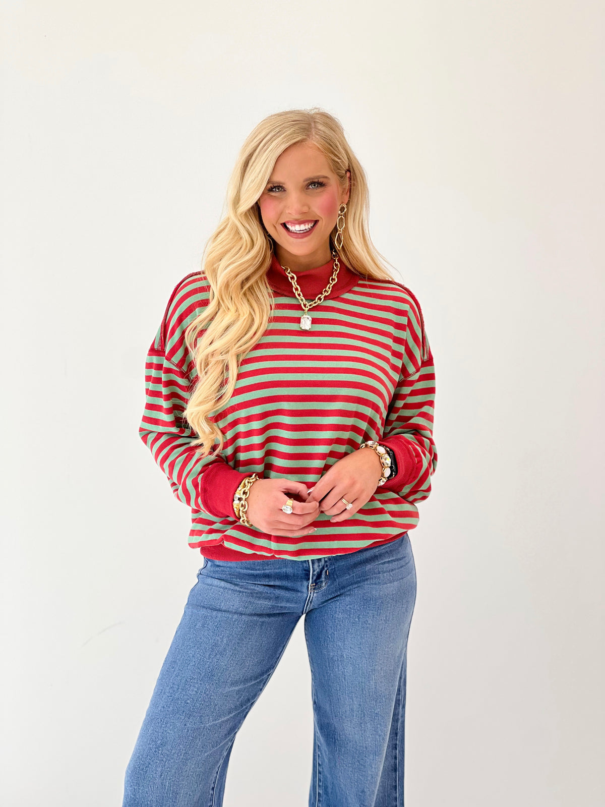 Red and green striped mock neck terry top, long sleeves, relaxed fit
