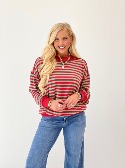 Red and green striped mock neck terry top, long sleeves, relaxed fit