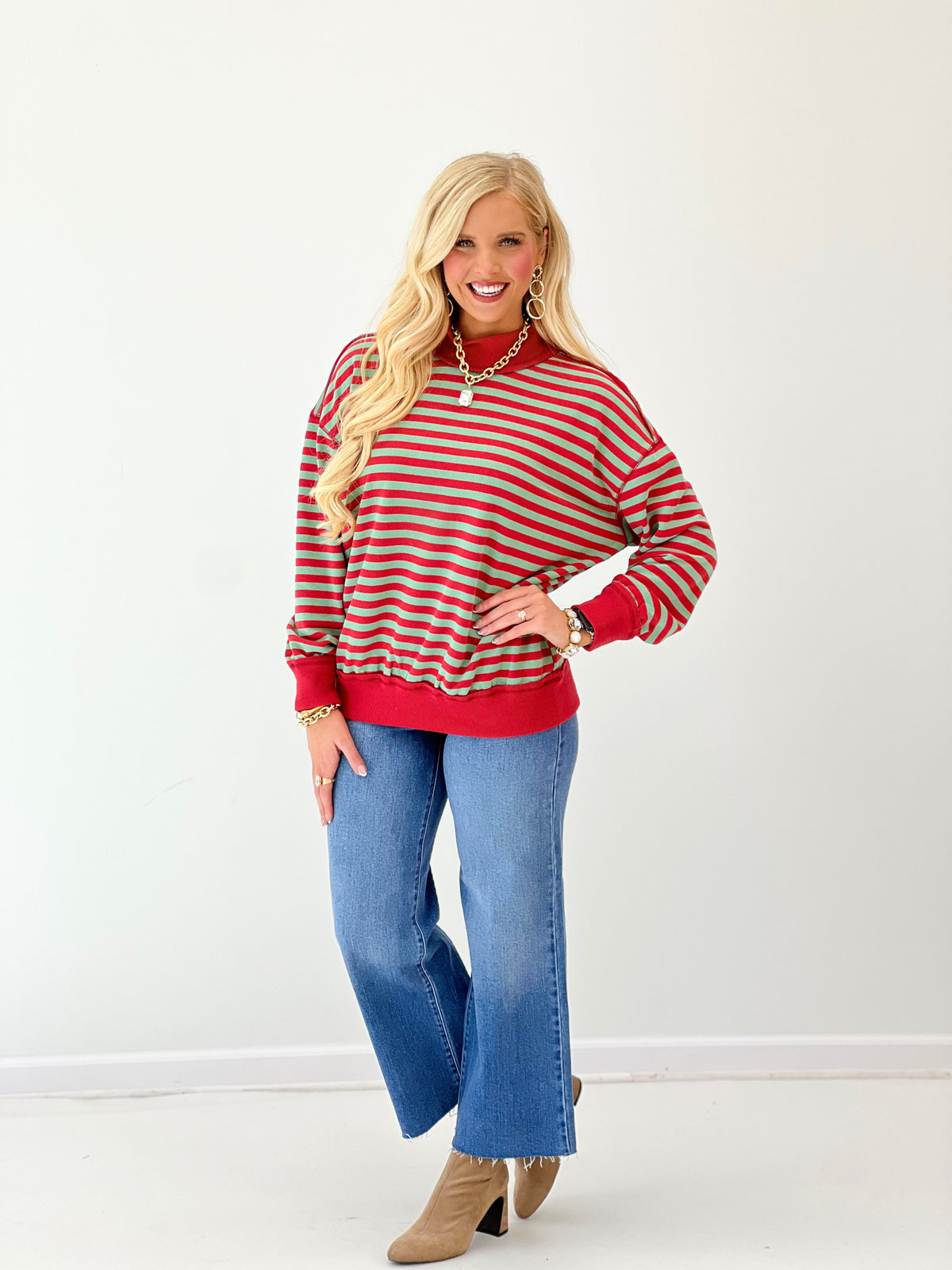 Red and green striped mock neck terry top, long sleeves, ribbed neckline