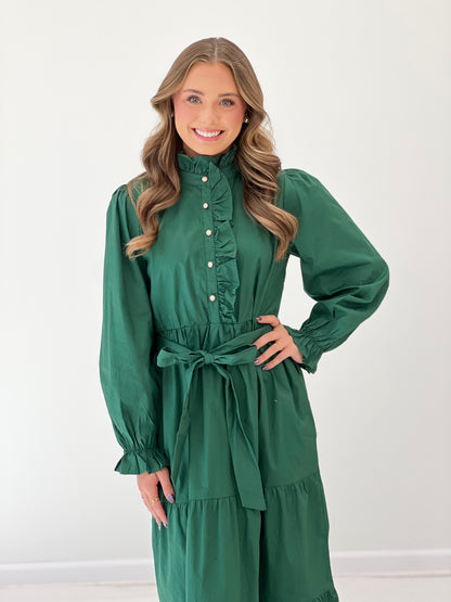 Hunter green ruffle button-up midi dress with button placket, tie belt, puff sleeves