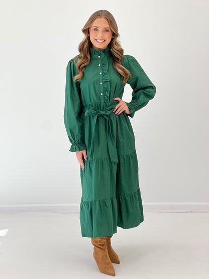 Hunter green tiered ruffle midi dress with button front and tie waist, long sleeves