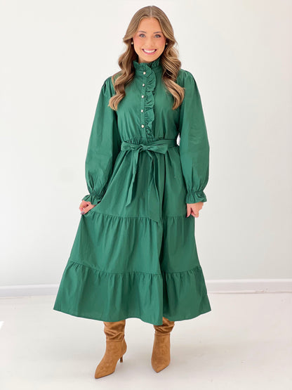 Hunter green tiered button-up midi dress with ruffle bib, puff sleeves, and tie waist