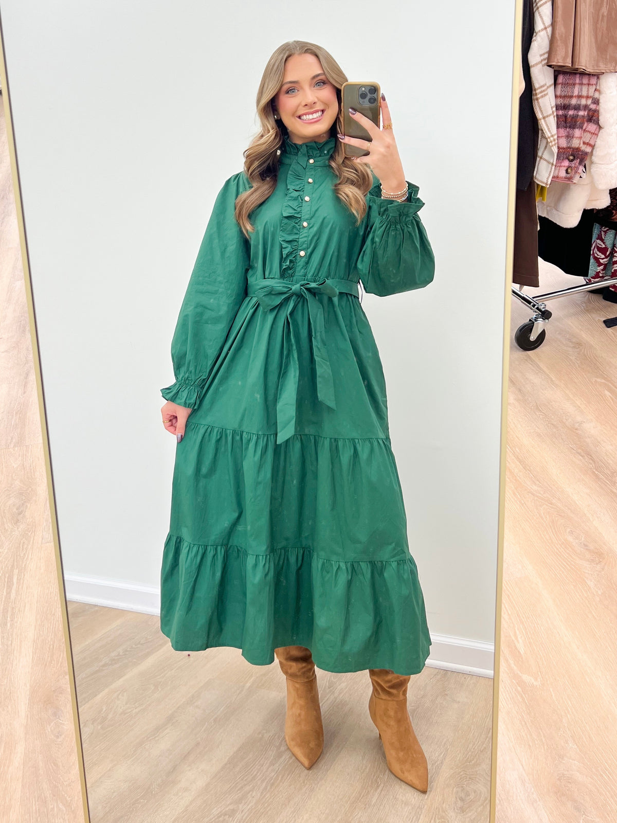 Hunter green tiered ruffle button-up midi dress with long puff sleeves and tie waist