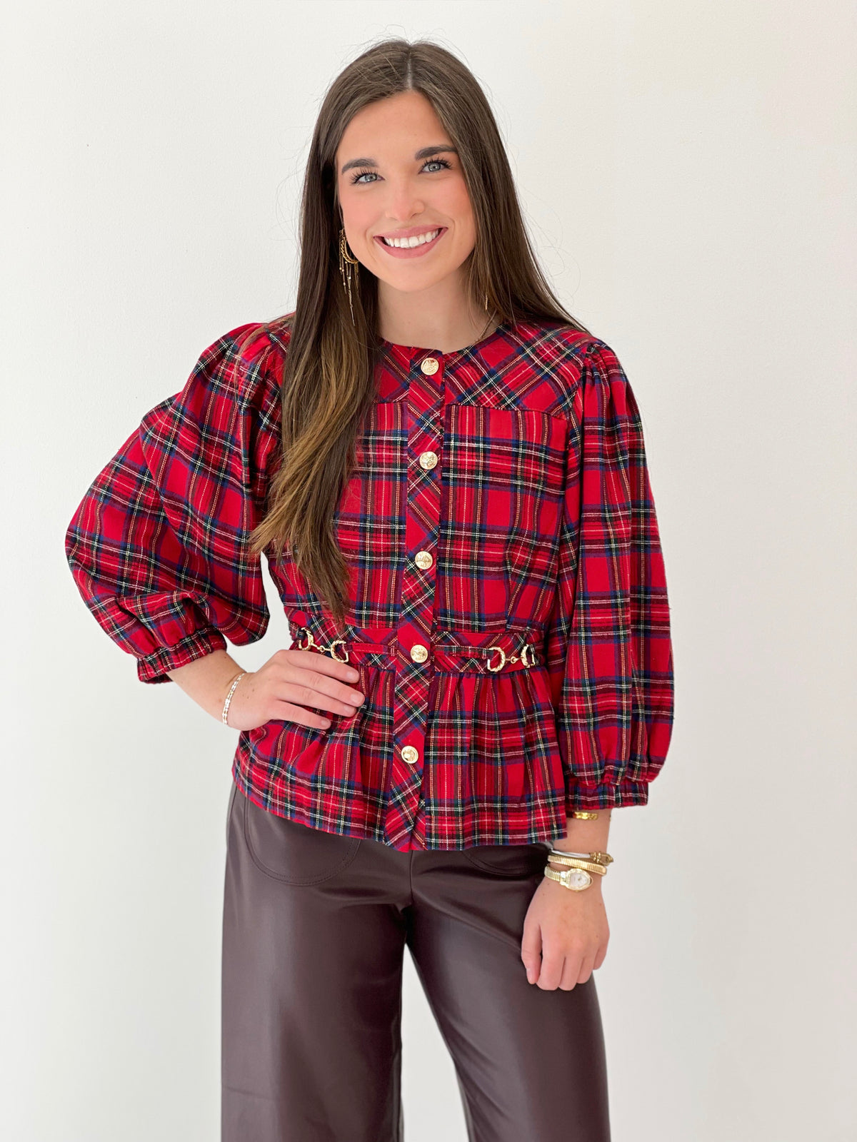 Red plaid puff-sleeve peplum top, front buttons and cinched waist belt