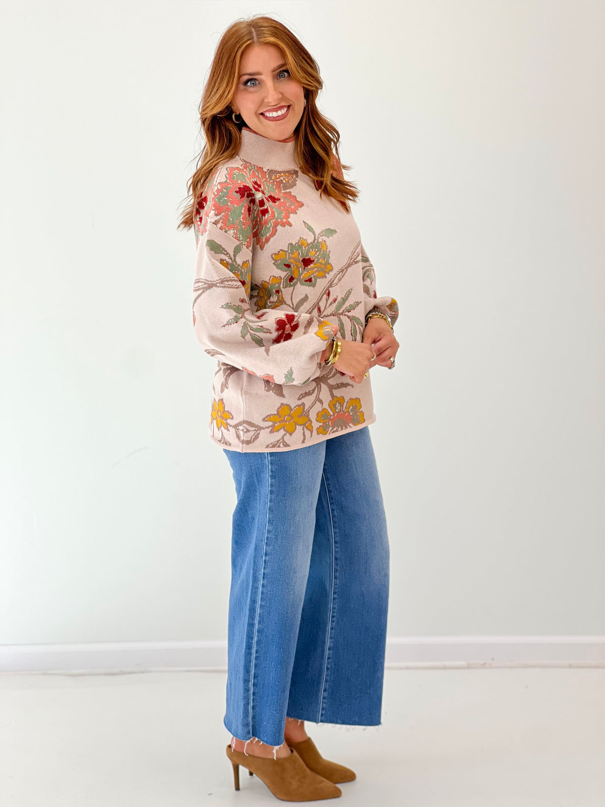 Beige floral jacquard knit mock neck sweater, long sleeves, rounded hem