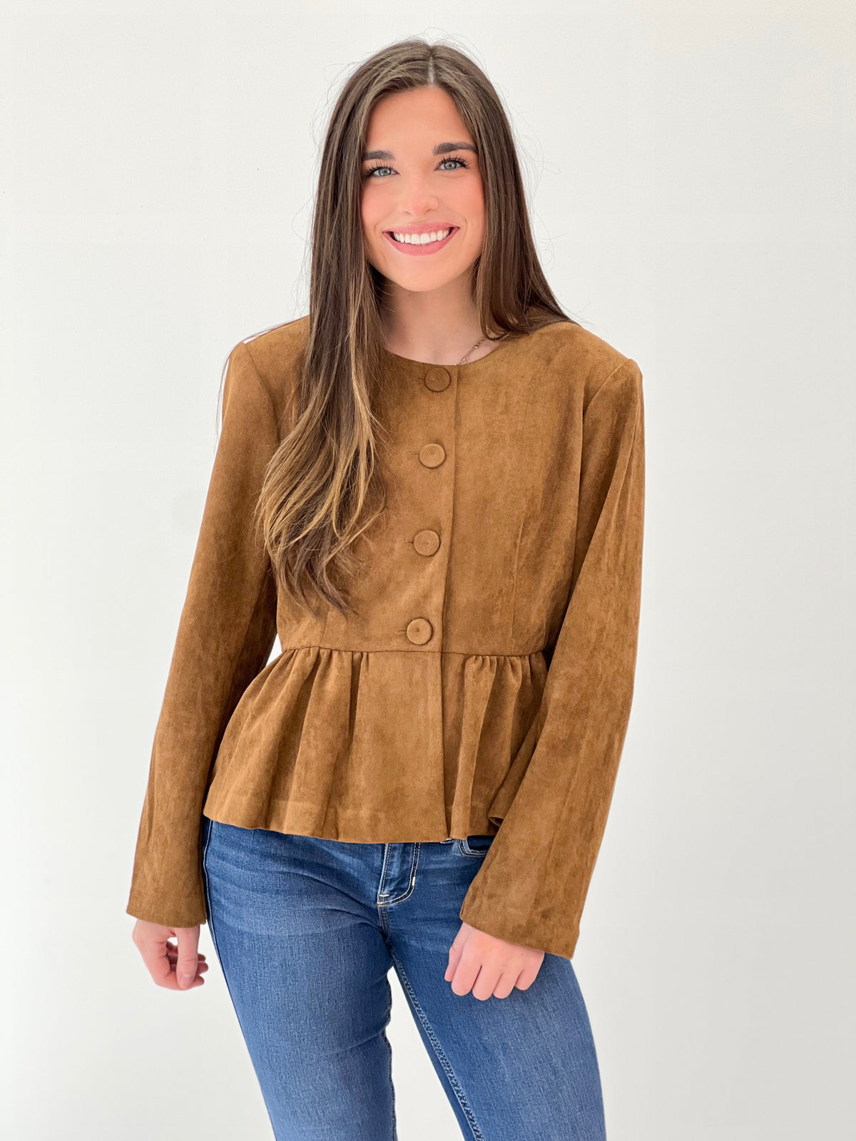 Camel suede-look peplum button-front jacket, long sleeves, round neckline