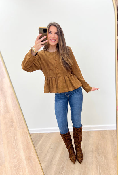 Camel peplum button-front jacket with long sleeves and round neckline