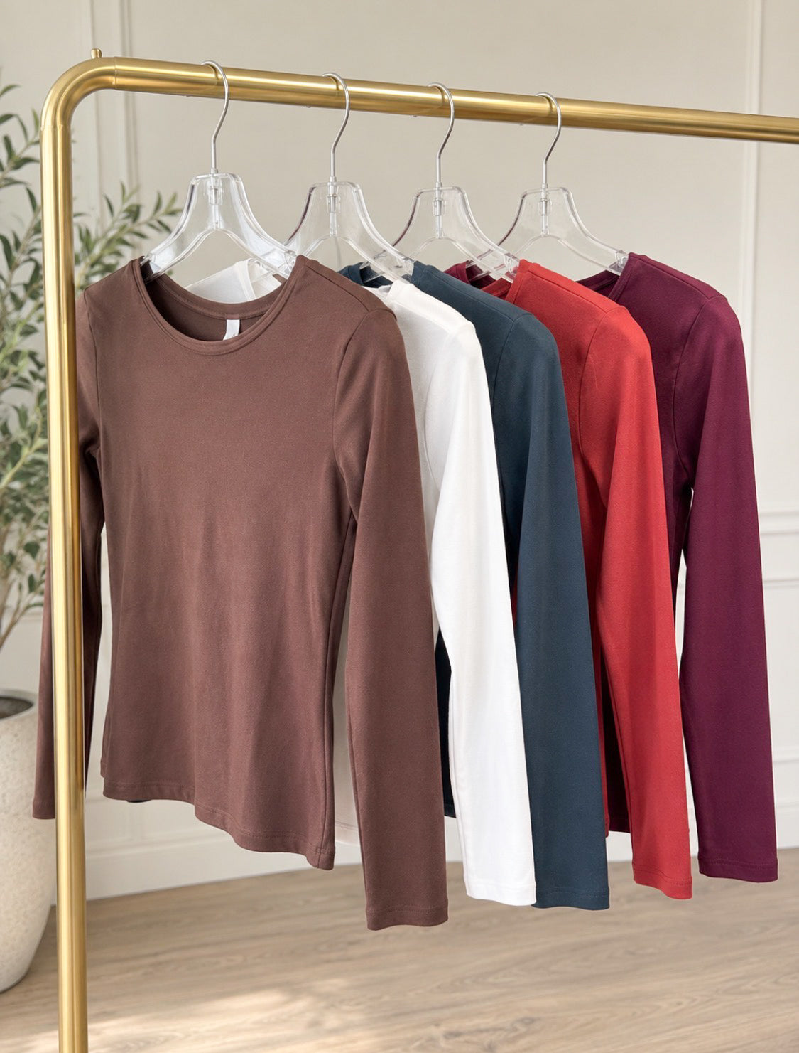 Nikibiki long sleeve crew neck tops in brown, white, dark blue, red, and burgundy