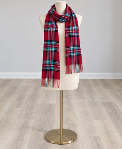 Red plaid scarf with fringed ends and blue, green, and black stripes