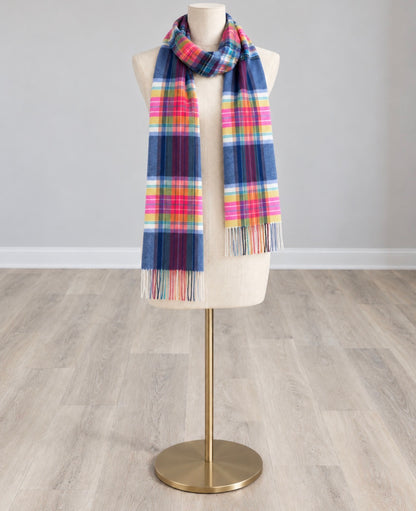 Madras plaid blanket scarf in navy with colorful stripes and fringed ends