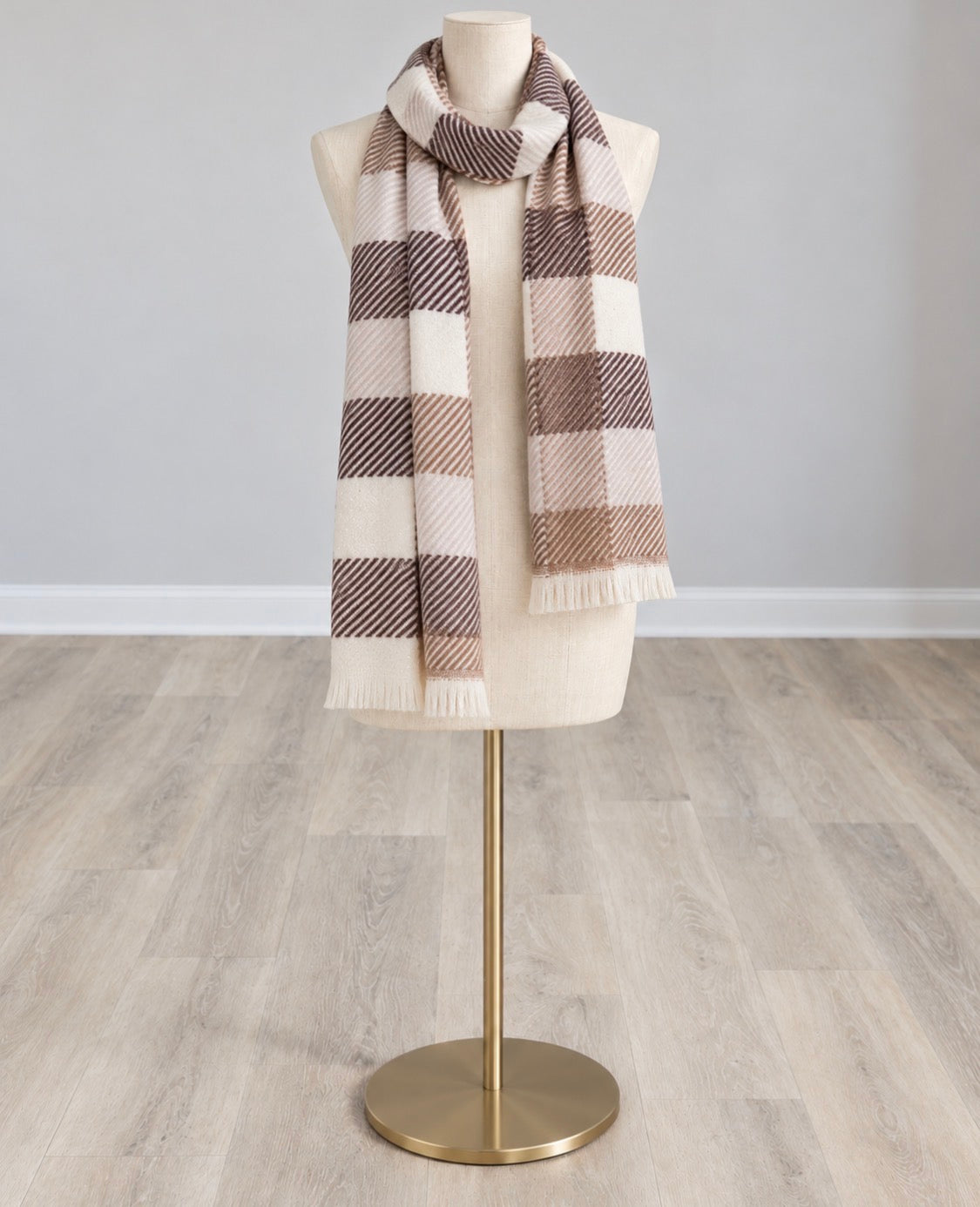 Brown Breton stripe scarf with alternating wide checks, fine pinstripes, and fringed ends