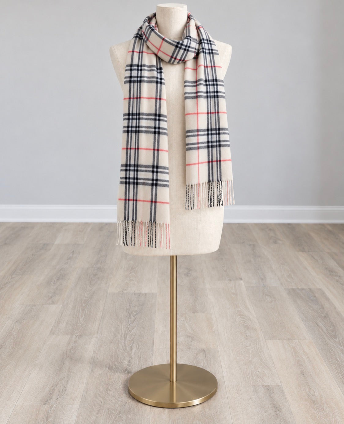 Beige plaid scarf with black and red lines and fringed ends