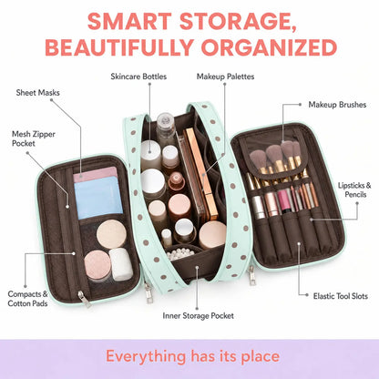 Open makeup bag with divided storage, mesh pockets, brush loops, and compartments for cosmetics