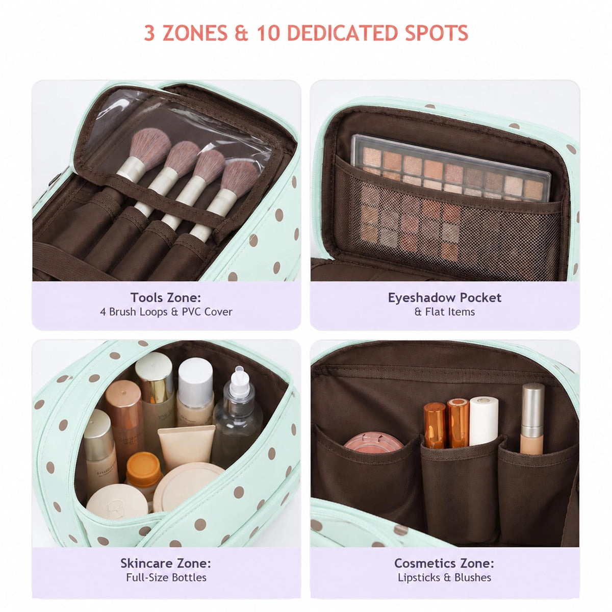 Mint polka dot travel makeup bag opened to show brush loops, mesh pocket, and bottle compartments