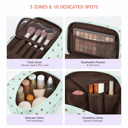 Mint polka dot travel makeup bag opened to show brush loops, mesh pocket, and bottle compartments