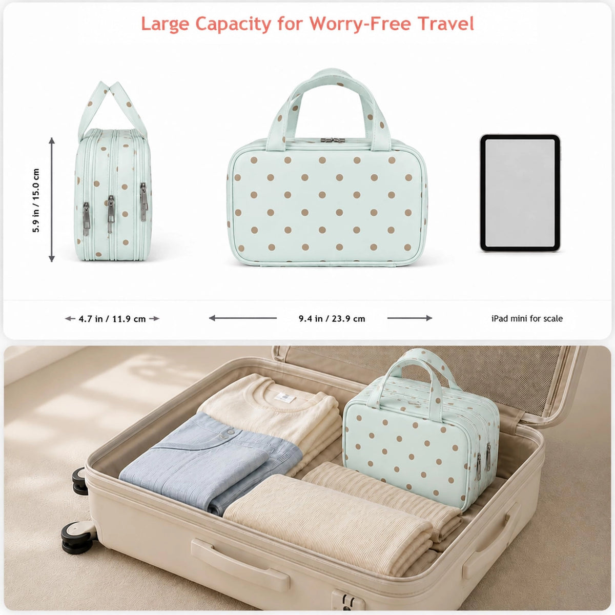 Mint polka dot makeup bag shown from the side and front with dimensions and packed in a suitcase