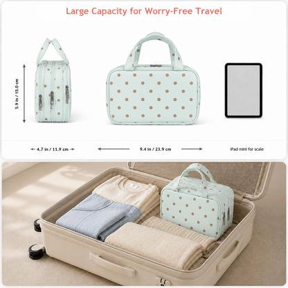 Mint polka dot makeup bag shown from the side and front with dimensions and packed in a suitcase