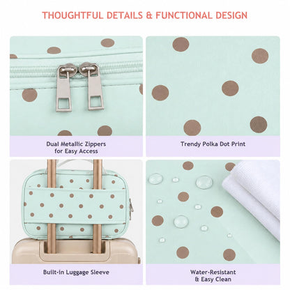 Mint polka dot makeup bag details include dual zippers, luggage sleeve, and water-resistant surface