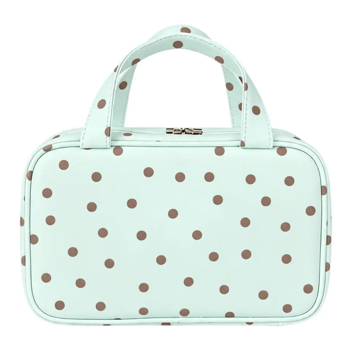 Mint travel makeup bag with brown polka dots, top handles, and a zip-around closure