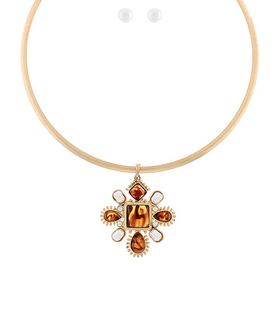 Square Stone & Pearl Wire Choker Set Tortoise/Gold