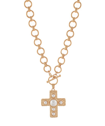 Golden Stella Cross & Linked Circle Chain Necklace in Cream/Gold
